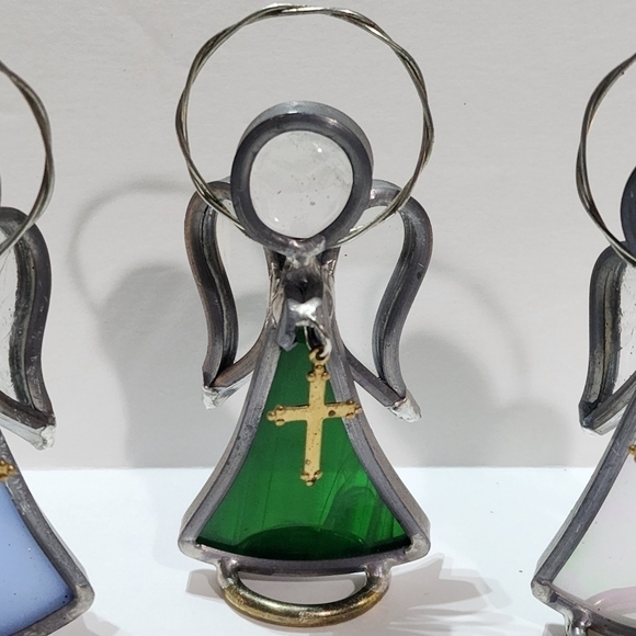 Pewter and Glass tiny Angels holding Goldtone Cross Pink Green Blue - Picture 5 of 15